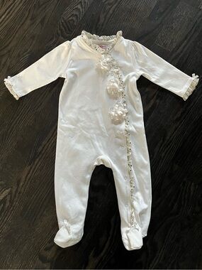Nanette Lepore White Floral-Appliqué Footed Sequin Trim One-Piece 6-9M